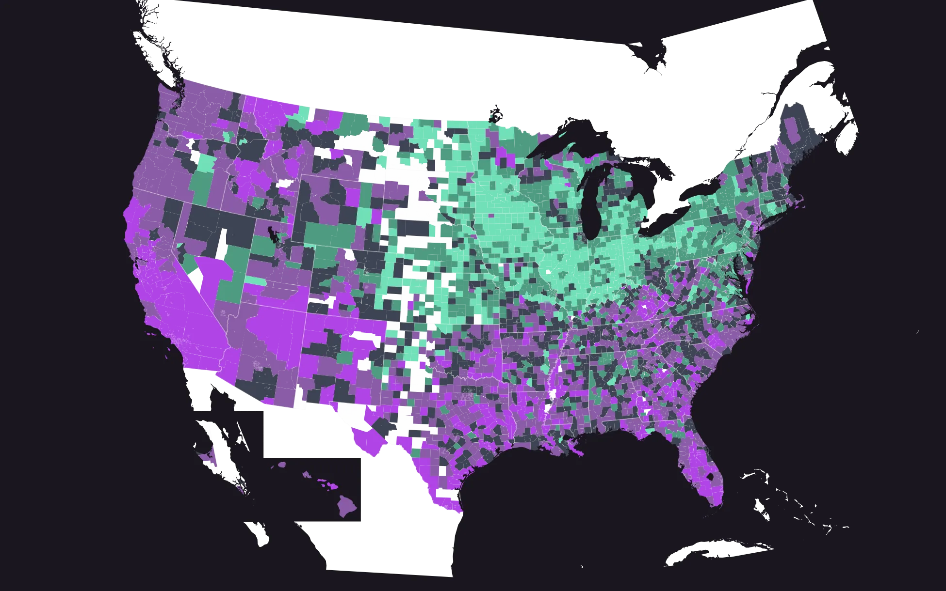 US county map of the gap between the share of families that are lower-income and the share of 2024 mortgages going to lower-income borrowers. Gaps run widest in expensive urban markets, along the southern border and through the farm valleys, and narrowest across much of the Midwest. Counties with fewer than 25 originations carry no value.