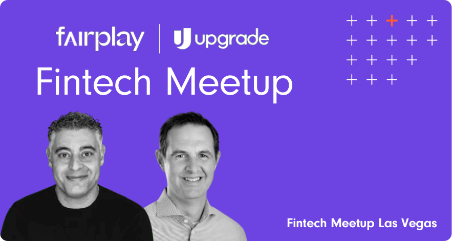 Fintech Meetup poster with two male speakers, logos