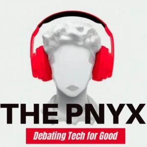 Bust with headphones and text 'The Pnyx: Debating Tech for Good'