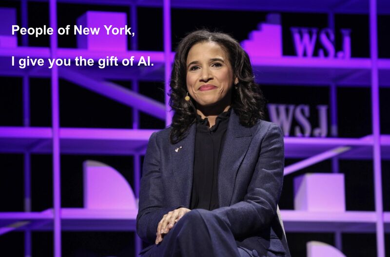Woman speaking at WSJ event with AI caption
