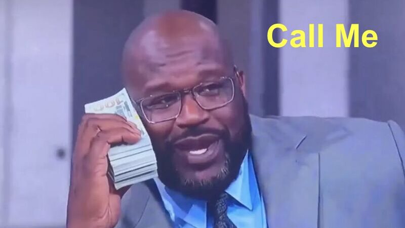 Man smiling, holding money to ear, with 'Call Me' text