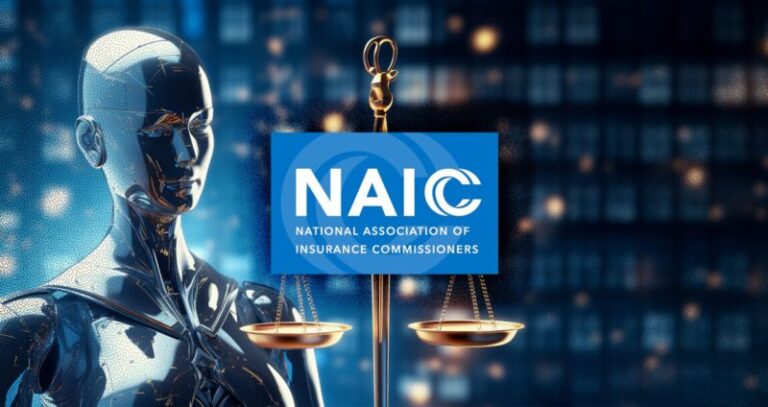 Robot holding scales, NAIC logo, digital background