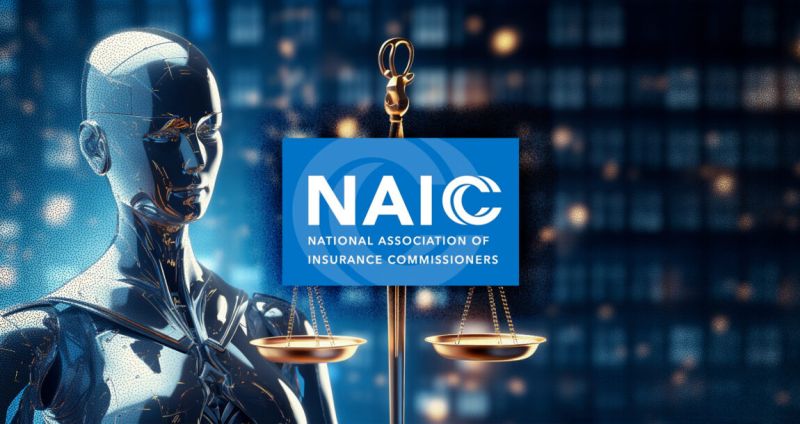 Robot holding scales, NAIC logo, digital background