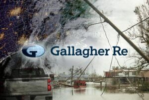 Gallagher Re logo over storm damage and map graphic