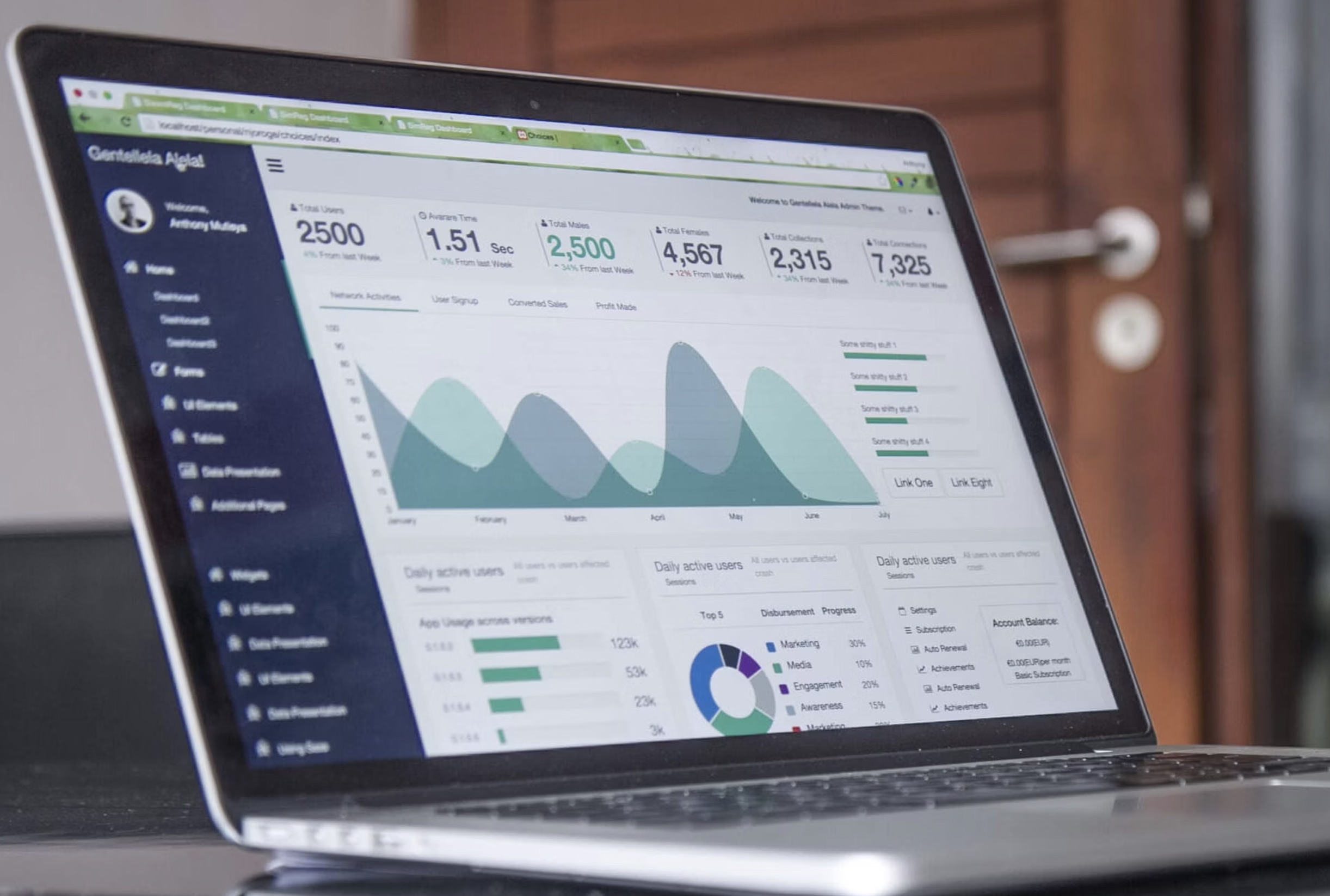 Laptop showing analytics dashboard charts and data