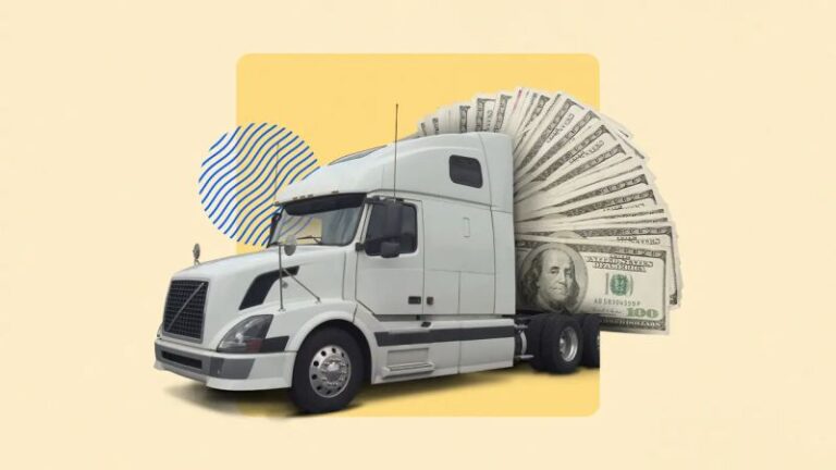 Semi truck with large fan of money illustrating cost