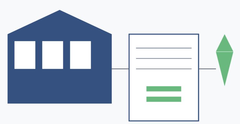 Simplified architectural diagram with blue house and green arrow