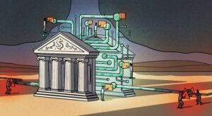 Stylized bank with circuitry in desert, workers pulling cables